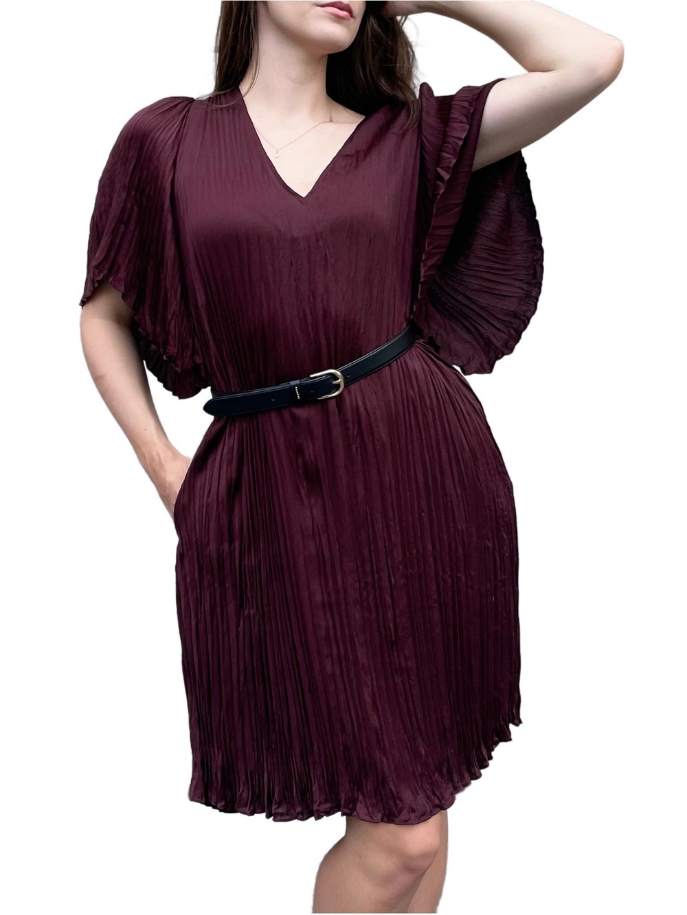 Vince Espresso Brown Pleated Crepe Short Sleeve Mini T-Shirt Dress Medium